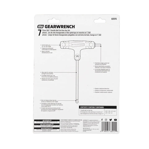 Back packaging of 7 Piece SAE T-Handle Ball End Hex Key Set with product details and measurements