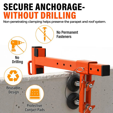 Heavy Duty Parapet Anchor Fall Protection Non Penetrating Rooftop Safety Wall Clamp with clamping design and protective pads.