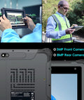 Heavy Duty 8 Inch Windows 11 Pro Rugged Tablet Packed With Honeywell Barcode Scanner, showing 5MP front and 8MP rear cameras.