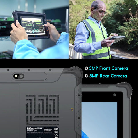 Heavy Duty 8 Inch Windows 11 Pro Rugged Tablet Packed With Honeywell Barcode Scanner, showing 5MP front and 8MP rear cameras.