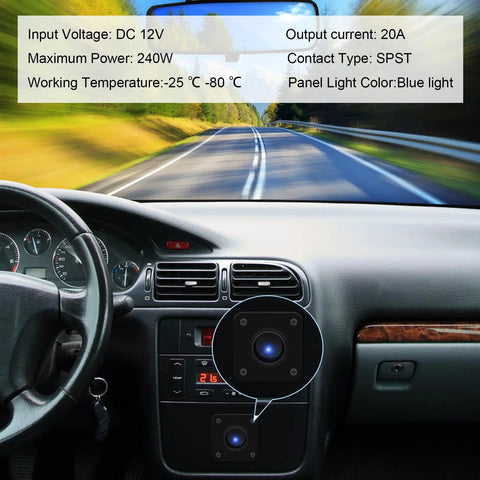 Blue Round LED Toggle Switch Panel 12V 20A SPST On Off Marine Grade Control For Boats RVs Campers Trailers Buses Yachts And Other Mobile Vehicles For Marine Electrical Systems And Recreational Vehicle Setups Dockside Ready, black panel in car dashboard
