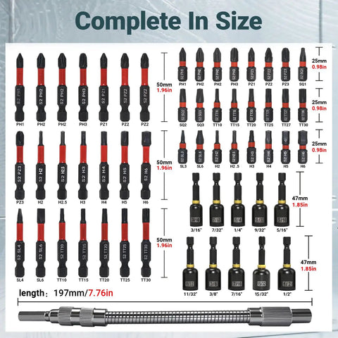 86-Piece Magnetic Impact Nut Driver Set With SAE And Metric Bits including various sizes with measurement labels