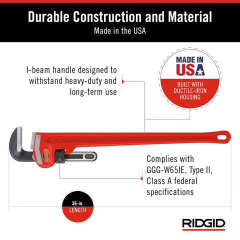 Beefy 36-Inch Straight Pipe Wrench For Heavy-Duty Plumbing Jobs With Floating Hook Jaw, Ductile Iron Housing, I-Beam Handle