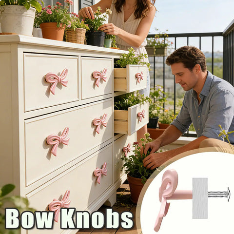 Bow Shaped Dresser Knobs 10 Pack Pink Zinc Alloy Drawer Pulls on white dresser with people gardening on balcony