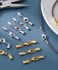 6-Piece Cord End Caps With Lobster Clasps, 4mm Leather Cord Ends Jewelry Clasps in gold and silver, displayed with jewelry tool.