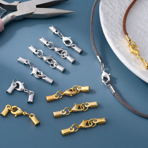 6-Piece Cord End Caps With Lobster Clasps, 4mm Leather Cord Ends Jewelry Clasps in gold and silver, displayed with jewelry tool.