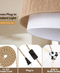 Detail of Plug In Pendant Light 18 Inch Rattan Chandelier With Handwoven Hemp Rope And White Fabric Shade Featuring Extra Long Power Cord.