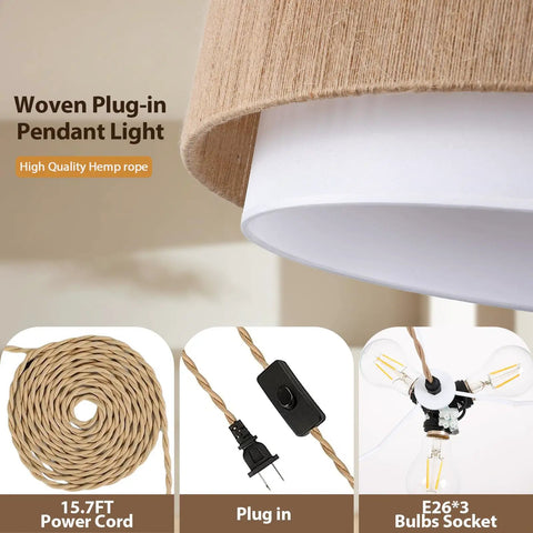 Detail of Plug In Pendant Light 18 Inch Rattan Chandelier With Handwoven Hemp Rope And White Fabric Shade Featuring Extra Long Power Cord.