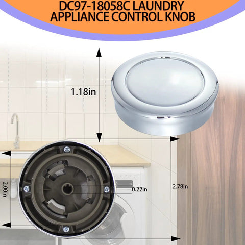 Washer And Dryer Control Knob Replacement DC97-18058C with ABS core, dimensions shown, compatible with DC97-18058A/B, installation view.