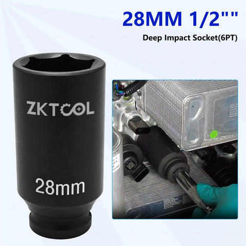 28mm deep impact socket from Knockout Quality AC Pressure And Temperature Sensor Socket Tool Kit For Tesla Model 3 Y S X Heat Pump Service.