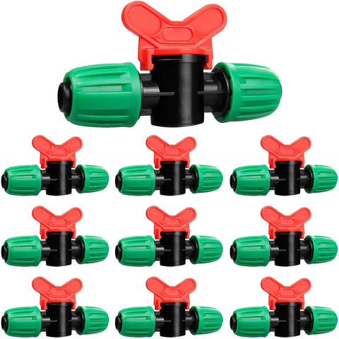 10 Pack Inline Half Inch Drip Irrigation Ball Valves with Locking Barbed Ends Kit for Garden Irrigation Systems displayed