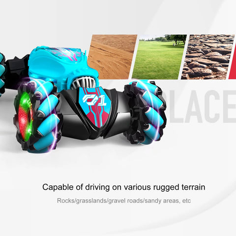 Side view of blue Mucdcnhk 360° rotating 4WD RC car with LED-lit wheels and 2.4G remote controller toy