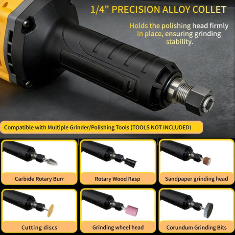 Heavy Duty Cordless Die Grinder Boasting A Beast Mode 26000 Rpm Brushless Motor Alongside One Quarter Inch Collet for grinding options.