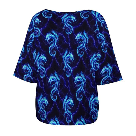 Casual Boat Neck Womens Tee With Short Sleeves In Lightweight Stretchy Poly Spandex Blend Blue Lightning Dragon Print, back view