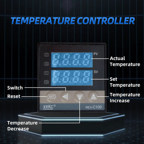 Digital temperature controller display with actual and set temperature readings, labeled buttons for increase, decrease, switch, and reset.