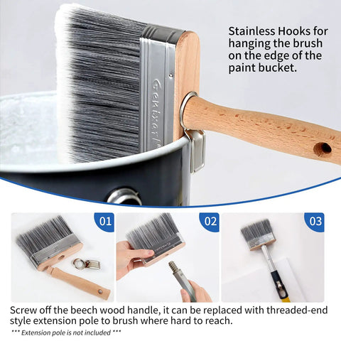 5 Inch Deck Stain And Sealer Block Brush For Wood And Masonry hanging on paint bucket with beech wood handle and nylon bristles
