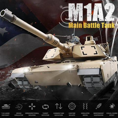 Image of US M1A2 Abrams RC Tank One Sixteenth Scale HengLong 2 4GHz Remote Control Vehicle With Realistic Sound And Lights in action
