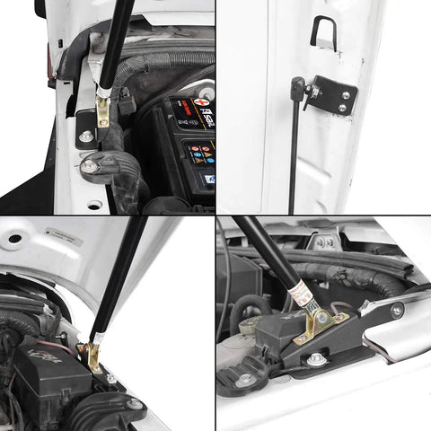 Wrangler JK Hood Lift Support Kit Pair For 2011-2018 Jeep Wrangler JK And Unlimited showcasing installation of gas-charged shocks and brackets