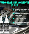 Crack Repair Kit 2026 Upgrade Nano Glass Repair Liquid For Cracks And Chips Quick Fix For Windshields Windows And Mirrors All Crack Types Automotive Glass Repair Tool 2 Pack displayed on a shiny car windshield with text on features.