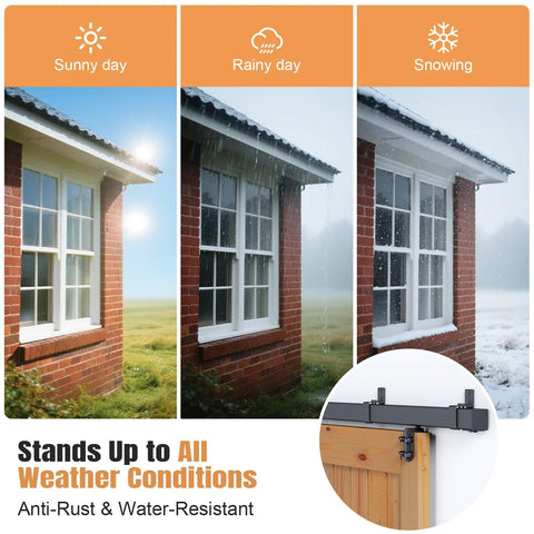 Exterior Sliding Barn Door Hardware Kit With Box Rail Track 8 Foot Length 450 Pound Capacity shown in outdoor weather conditions