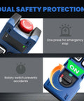 Close-up of safety features on the 12V Six Button Wireless Crane Remote Control For Hoists And Trucks, blue with emergency stop button.