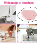 Collage of Magnetic Seam Guide for Sewing use, with sewing machines and pink seam guide close-up
