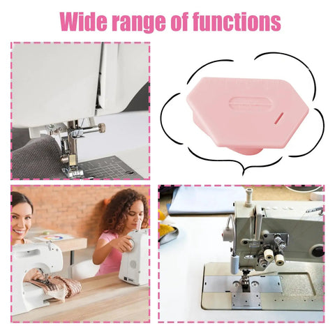Collage of Magnetic Seam Guide for Sewing use, with sewing machines and pink seam guide close-up