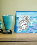Total Standout Vintage Clock Silicone Clear Stamps With Gear Shapes Retro Transparent Rubber Blocks For Scrapbooking Journal Cards And Dope Diy Crafts That Stamp Super Smooth Every Damn Time on a handmade blue greeting card with a flower design.