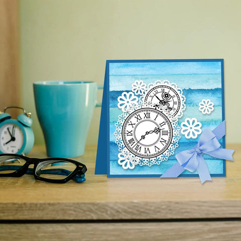Total Standout Vintage Clock Silicone Clear Stamps With Gear Shapes Retro Transparent Rubber Blocks For Scrapbooking Journal Cards And Dope Diy Crafts That Stamp Super Smooth Every Damn Time on a handmade blue greeting card with a flower design.