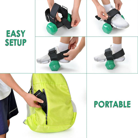 Person attaching Dumbbell Foot Strap Attachment For Home Gym Workouts Turn Any Dumbbell Into A Leg Workout Powerhouse to shoe and storing