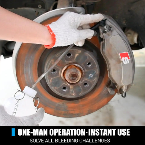 One Person Pneumatic Brake Bleeder Kit With 3L Fluid Reservoir And 1L Catch Bottle Includes 3 Master Cylinder Adapters For Most Reservoir Sizes Easy Single Operator Brake Bleeding in use on car brake caliper.