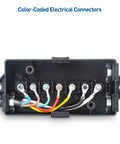 Color-coded electrical connectors in junction box for Solid 7 Way Trailer Wiring Harness with Junction Box for RV Camper Hookups.