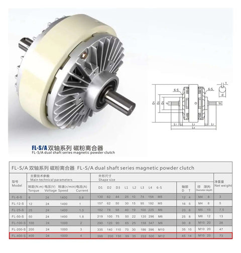 Beefy Magnetic Powder Clutch And Winding Brake For Tension Control In Bag Printing And Dyeing Machines Featuring 400Nm Torque 40Kg Load DC 24V Double Shaft Dual Axis Industrial Grade With Rock Solid Torque And Long Life, showing technical specifications and measurements