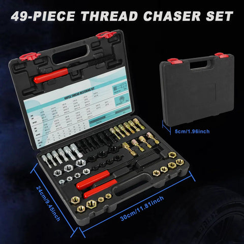 49 Piece Rethread Repair Tool Kit With Taps Dies And Files For UNC UNF And Metric Threads in open black case showing contents