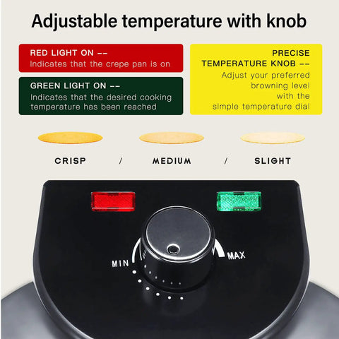 Heavy Duty Electric Tortilla Press 10 Inch Non Stick Roti Maker With Adjustable Heat Control shows temperature knob and indicator lights.