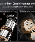 Single Dose Burr Coffee Grinder With 46Mm Conical Steel Burrs And 45 Micro Grind Steps For Smooth Espresso Shots Or Clean Pour Over showing six-star steel cone motor.