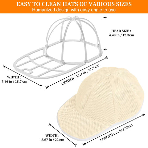 Dimensions of Hat Washer Cage For Washing Machine And Dishwasher with baseball cap illustration, labeled measurements included