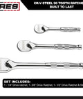 Full Polish Ratchet Set With One Quarter Inch, Three-Eighth Inch, And One Half Inch Drives, Ninety-Tooth Reversible Mechanism, Chrome Vanadium Steel With Mirror Chrome Finish, Durable Pro Grade Ratcheting Tools For Pros And DIYers