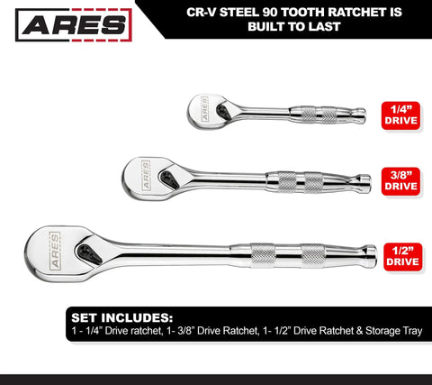 Full Polish Ratchet Set With One Quarter Inch, Three-Eighth Inch, And One Half Inch Drives, Ninety-Tooth Reversible Mechanism, Chrome Vanadium Steel With Mirror Chrome Finish, Durable Pro Grade Ratcheting Tools For Pros And DIYers