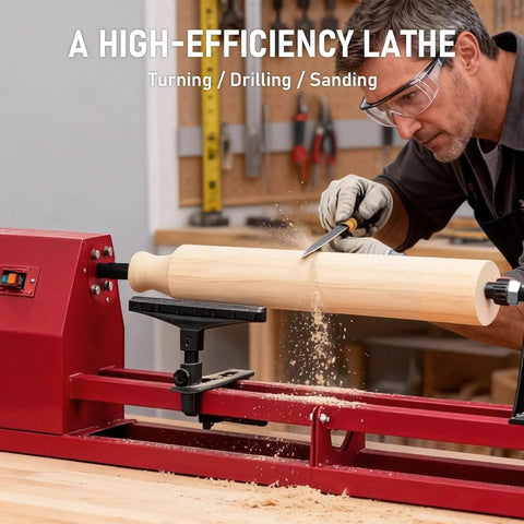 Rock Solid 14X40 Benchtop Wood Lambe Machine With Gnarly Turning Span And Smooth Variable Speed Drive in use for spindle turning.