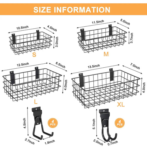 12 Pack Slatwall Organizer Kit With 4 Wire Baskets And 8 Heavy Duty Hooks For Garage, Retail Display And Home Storage size chart