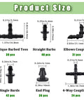 Pro Grade 220 Piece Barbed Irrigation Fittings Kit For One Quarter Inch Tubing product size chart with barbs and couplings