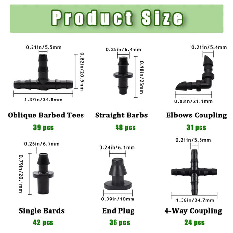 Pro Grade 220 Piece Barbed Irrigation Fittings Kit For One Quarter Inch Tubing product size chart with barbs and couplings