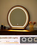 Wave Vanity Desk With Lighted Round Mirror And Modern Walnut Finish showing adjustable LED lights on a makeup table in a room