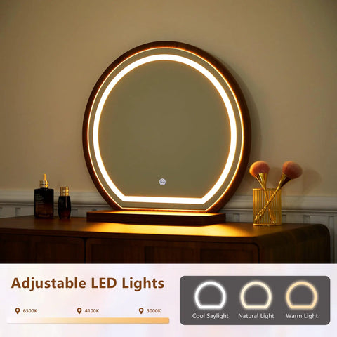Wave Vanity Desk With Lighted Round Mirror And Modern Walnut Finish showing adjustable LED lights on a makeup table in a room