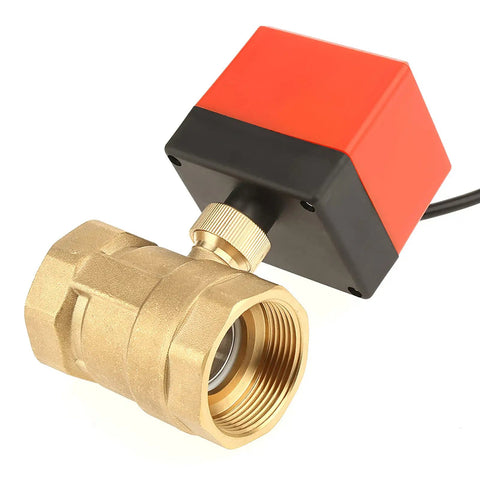 Heavy Duty Forged Brass Motorized Ball Valve G1 One Half Inch DN40 with red actuator for plumbing and HVAC use.