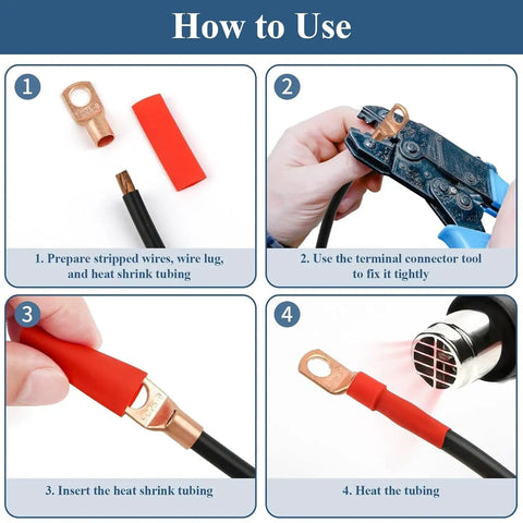 All In One Copper Wire Lugs Kit With 260 Copper Lugs For AWG 2 4 6 8 10 12 Gauge Battery Cable Ends usage steps
