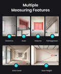 Image showing digital laser tape measure features: distance, area, volume, Pythagorean, auto level, and auto height.