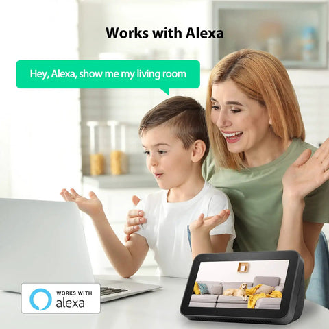 Mother and child using Alexa to view Outdoor And Indoor Security Camera With Spotlight And 1080P WiFi Surveillance on tablet