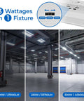 Built Different 3 Foot Led Linear High Bay Light With No Sweat Plug And Play Hookup And Adjustable 300W 250W Or 200W Power showing wattage options in warehouse.